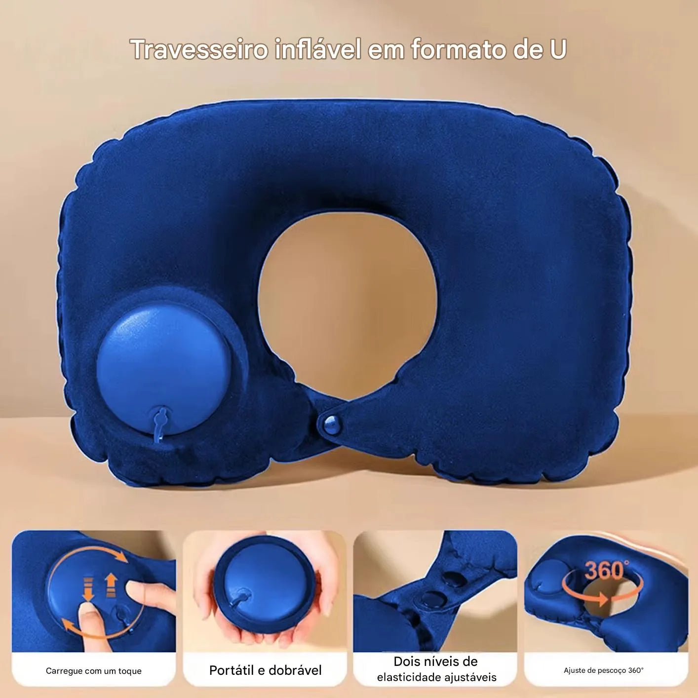 Travesseiro de Viagem Inflável em U com Suporte Cervical